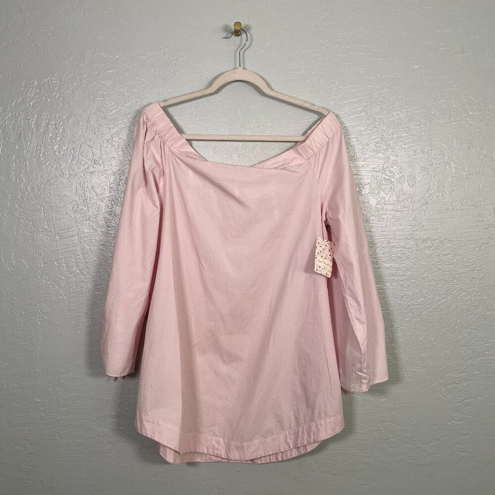 Free People Women L Pale Pink Off The Shoulder Blouse 3/4 Tie Sleeve Balletcore